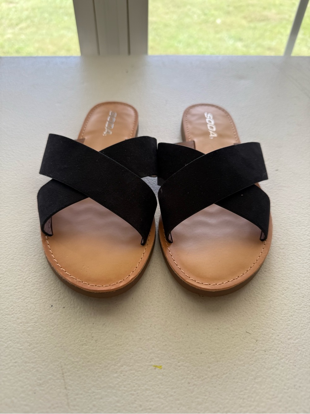 Soda Black Crisscross Slide Sandals with Tan Footbed